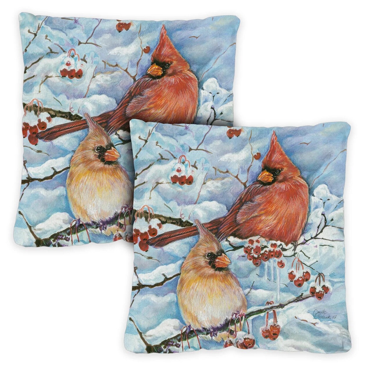 Toland Home Garden Set of 2 Cardinals and Berries Outdoor Patio Throw Pillow Covers 18”